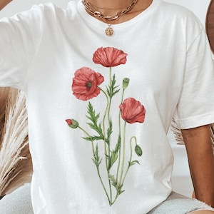 Red Poppy T-Shirt: August Birth Flower, Watercolor Botanical Clothing