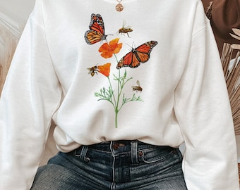 California Poppy Sweatshirt: Monarch Butterfly, Golden Poppies. Spring Botanical Crewneck