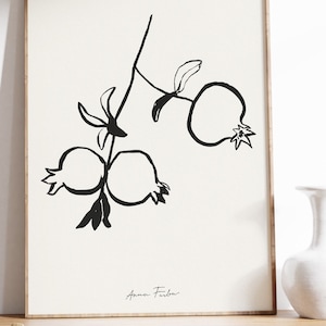 Impressão de romã. Arte de parede com pintura minimalista de romã. Decoração de esboço botânico moderno. Decoração de frutas de cozinha neutra