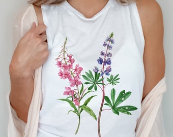Fireweed and Lupine tank top. Yukon Provincial Flower graphic tee. Summer clothing. Willowherb, Bluebonnet, Alaska wildflowers gift