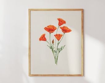 California poppy art print. Watercolor California poppies painting. Orange wild flower print. Poppy artwork