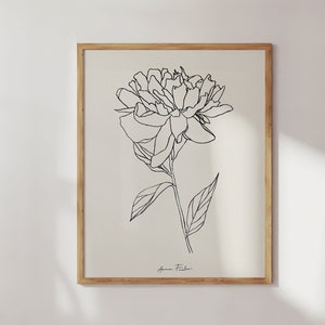 Peony print. September Birth Flower print. Minimalist floral line drawing image 1