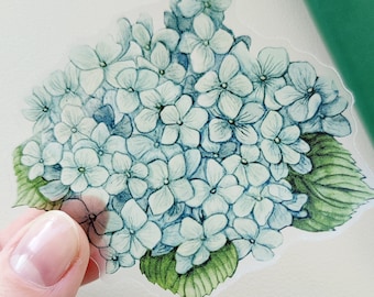 Puede incluir: Una pegatina con una ilustración de acuarela de una flor de hortensia azul con hojas verdes.