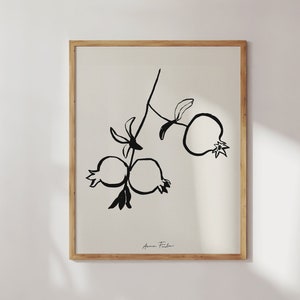 Pomegranate print. Minimalist fruit drawing. Modern kitchen wall decor