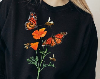 California Poppy Sweatshirt: Monarch Butterfly Botanical Crewneck