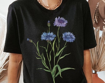 Cornflower Shirt. Blue Floral Tshirt - Botanical Art Tee