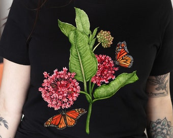Monarch butterfly shirt. Milkweed dark botanical shirt. Watercolor Gardener shirt. Milkweed & Monarch t shirt. Monarch butterflies clothing