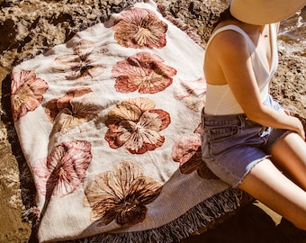 Pansies Woven Blanket: Large Floral Cotton Beach Picnic Blanket