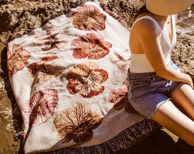 Pansies Large Blanket - Couverture de plage tissée - Couverture de pique-florale - Grande couverture de fleurs - Couverture en coton - Cadeau Boho pour elle