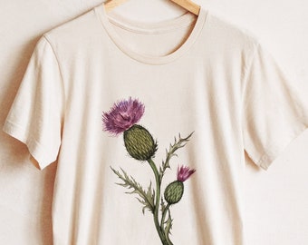 Camiseta con cardo escocés. Camiseta con flores botánicas en acuarela. Ropa de primavera