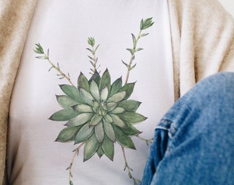 Succulent shirt. Botanical watercolor shirt. Green succulent gift. Plant mom shirt gift. Succulent t shirt for women