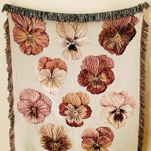 Pansies woven blanket. Flower tapestry. Pansy woven fringe blanket. Earth tones aesthetic tapestry. Boho flowers throw blanket