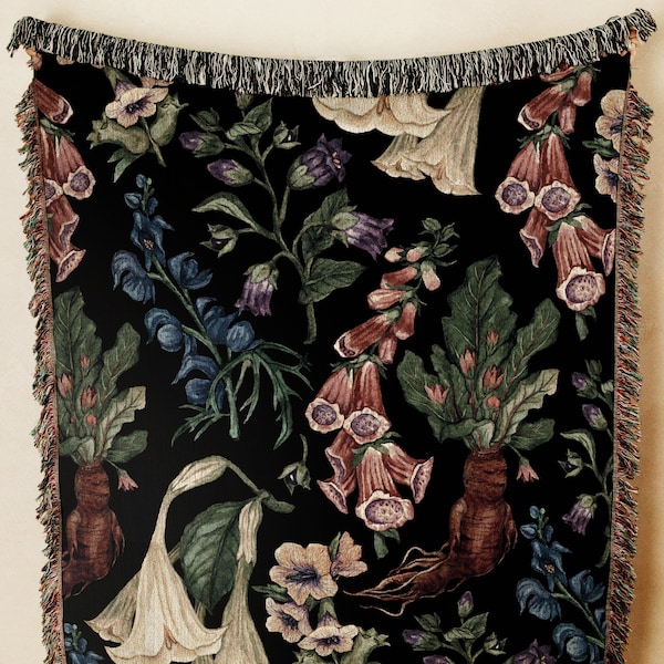 Poison Garden Woven Blanket-Gothic Plants Throw. Herbology Blanket-Belladonna, Datura, Wolfsbane, Mandrake. Halloween Gift
