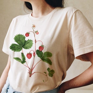 Strawberry plant shirt. Botanical shirt. Watercolor strawberry top. Wild strawberry shirt. Strawberry clothes. Strawberry gift