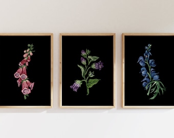 毒々しい花の水彩画プリントセット。ダークなボタニカルウォールアート