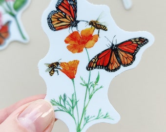 California Poppy Butterfly Sticker, Watercolor Flower Sticker, Vinyl 3”x3”