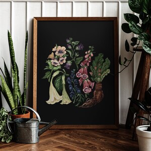 May include: A framed botanical print featuring a variety of flowers in shades of pink, white, and purple against a black background. The flowers are arranged in a circular pattern and include foxgloves, bellflowers, and other wildflowers.