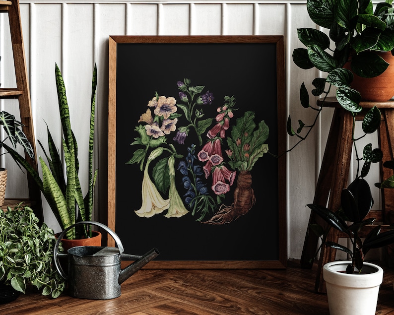 May include: A framed botanical print featuring a variety of flowers in shades of pink, white, and purple against a black background. The flowers are arranged in a circular pattern and include foxgloves, bellflowers, and other wildflowers.