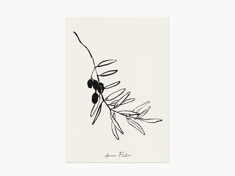 Olive branch art print - botanical sketch. Minimalist Mediterranean art.