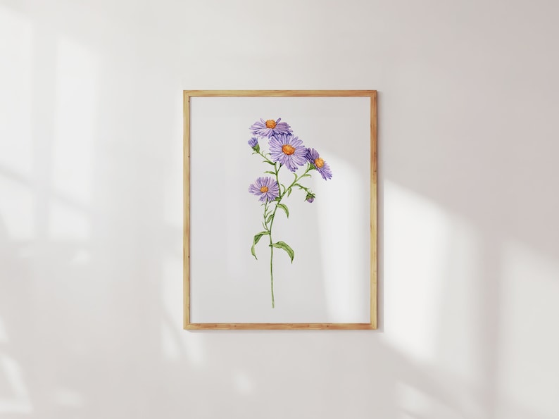 May include: A framed watercolor painting of a single stem of purple and yellow wildflowers with green leaves against a white background.