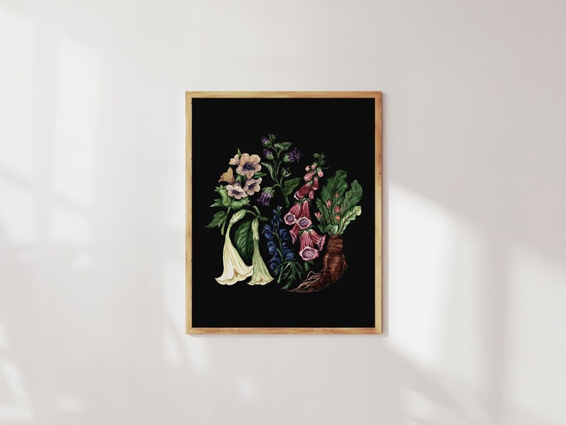 May include: A framed botanical illustration of various flowers and plants on a black background. The flowers are in shades of pink, purple, white, and yellow. The plants are green and brown.