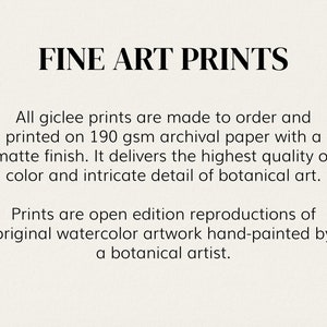 May include: Fine art prints made to order on 190 gsm archival paper with a matte finish. The prints are open edition reproductions of original watercolor artwork hand-painted by a botanical artist.