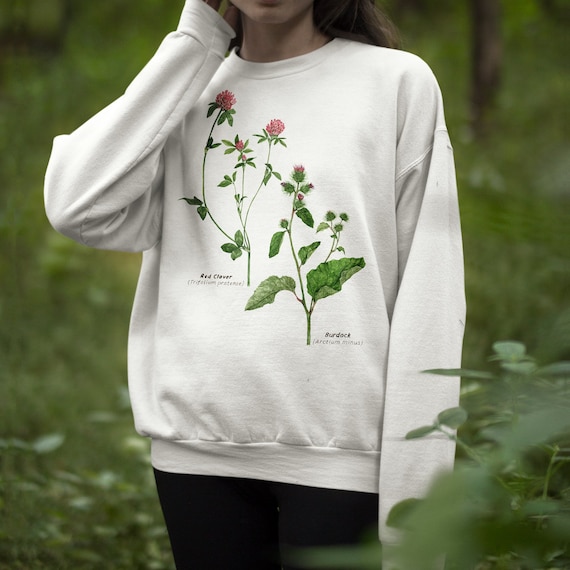Plant Sweatshirt-Clover, Burdock. Watercolor Botanical Jumper. Forest Plants Illustrated Crewneck. Botanist Gift, Herbalist Gifts