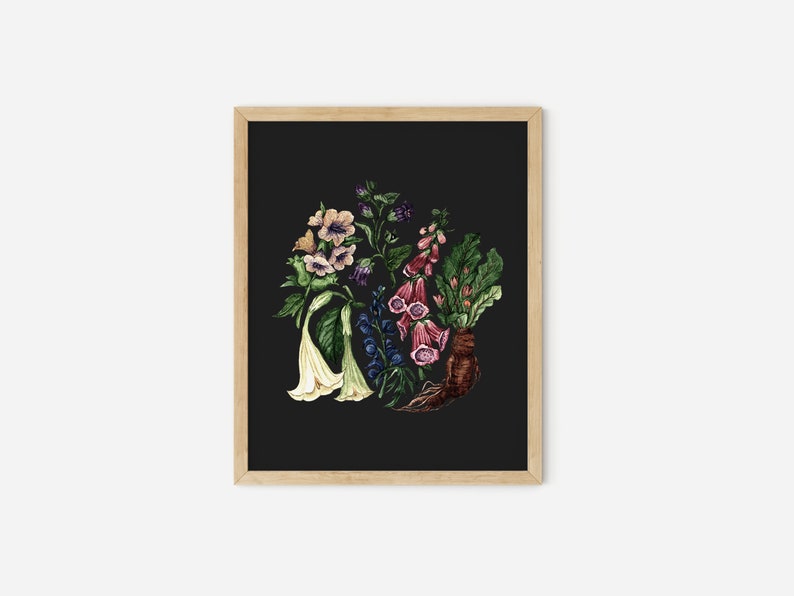 May include: A framed print of a botanical illustration featuring a variety of flowers and plants on a black background. The flowers include white trumpet-shaped flowers, pink foxgloves, and purple bell-shaped flowers. The plants include green leaves and a brown root system.