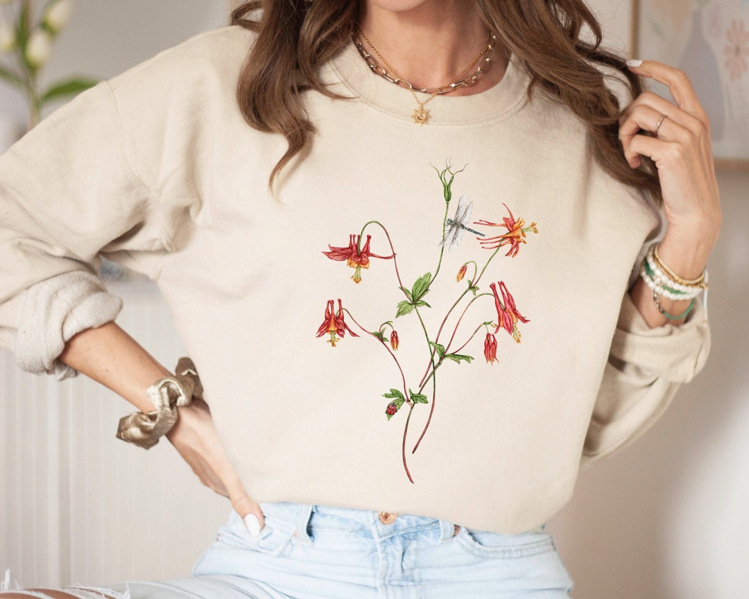 Columbine Sweatshirt: Red Wildflower & Dragonfly Botanical Crewneck - Etsy