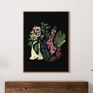 May include: A watercolor illustration of a variety of flowers on a black background. The flowers include white, yellow, pink, and purple blooms. The illustration is framed in a wooden frame.