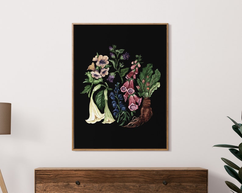 May include: A watercolor illustration of a variety of flowers on a black background. The flowers include white, yellow, pink, and purple blooms. The illustration is framed in a wooden frame.