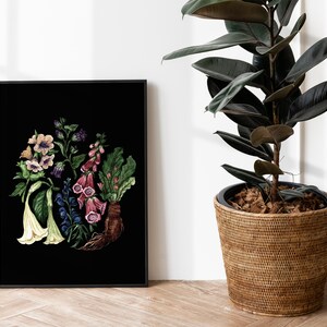 May include: A black and white framed print of a botanical illustration featuring a variety of flowers and plants on a black background.
