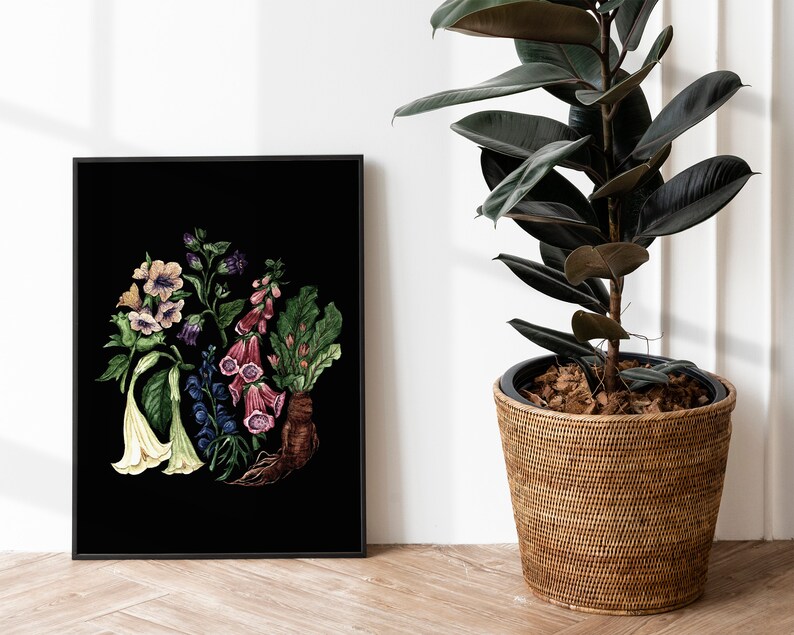 May include: A black and white framed print of a botanical illustration featuring a variety of flowers and plants on a black background.
