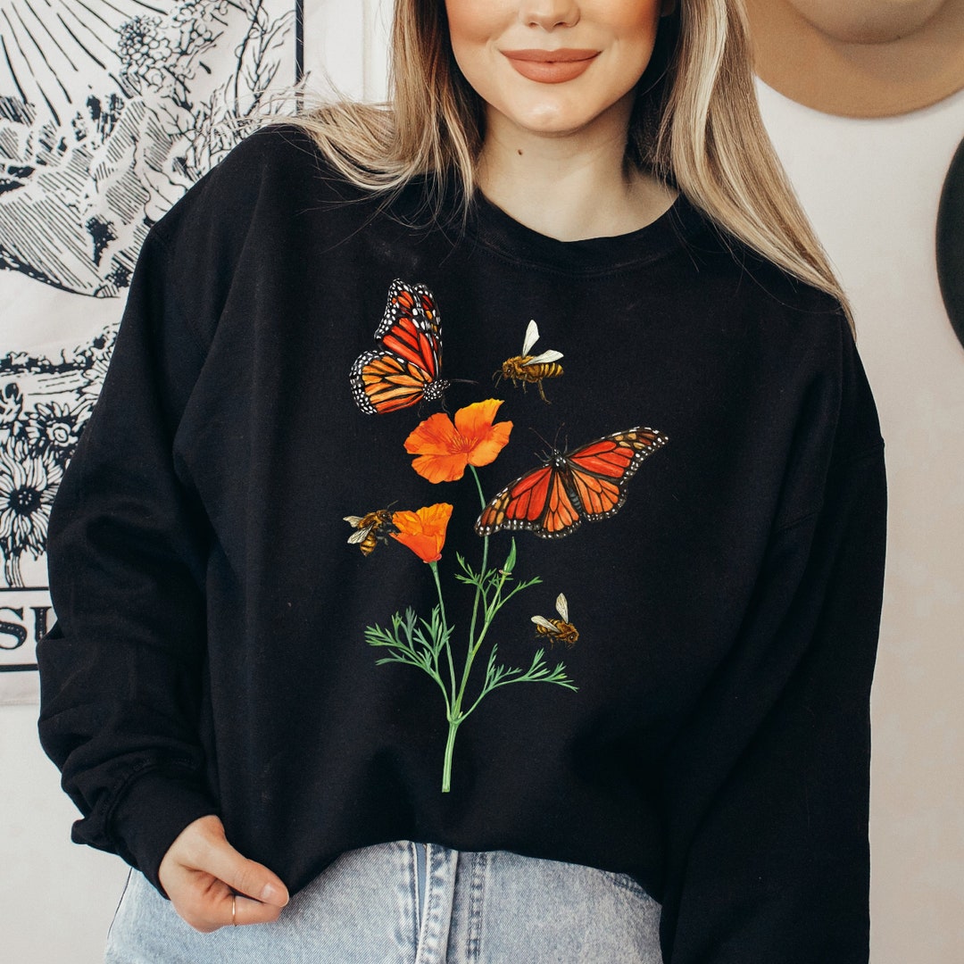 California Poppy Sweatshirt: Monarch Butterfly Botanical Crewneck