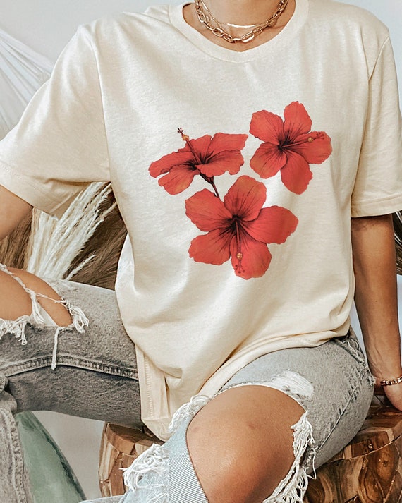 Watercolor Hibiscus Shirt, Hawaii Flower Tee. Botanical Clothing Gift