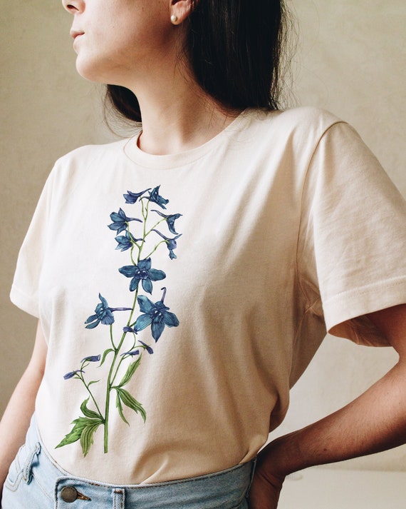 July Birth Flower Shirt. Watercolor Larkspur Flowers Botanical Tshirt. Mothers Day Gift. Spring Clothing