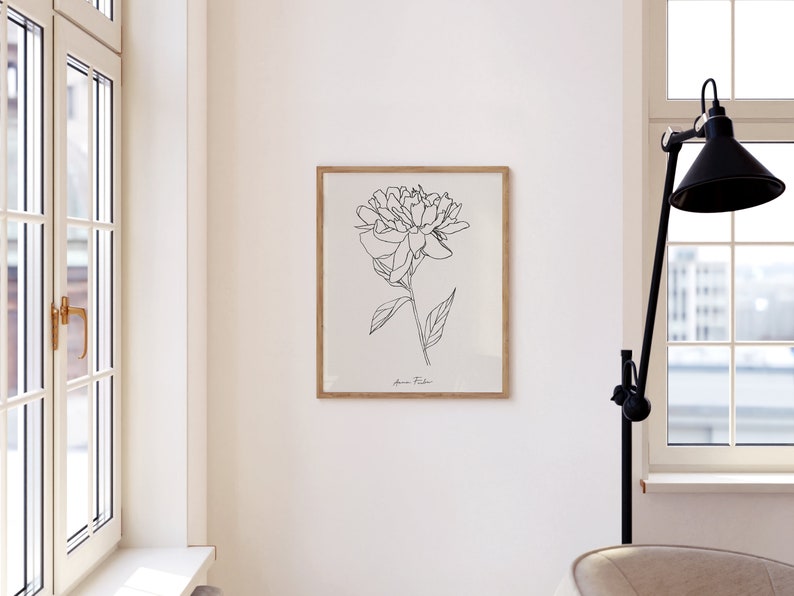 Peony print. September Birth Flower print. Minimalist floral line drawing image 3