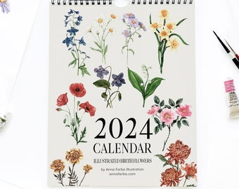 2024 Illustrated Calendar, Floral Wall Calendar, Botanical Art Calendar - Watercolor Birth Flowers. 12 Month Artist Calendar. Office gift