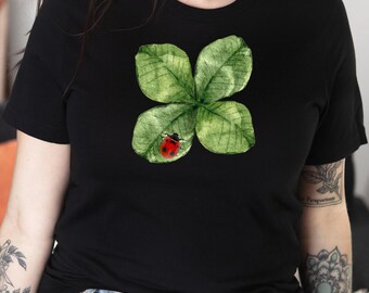 Lucky Clover Shirt - Four Leaf Clover Ladybug Tee. Botanical Clothing