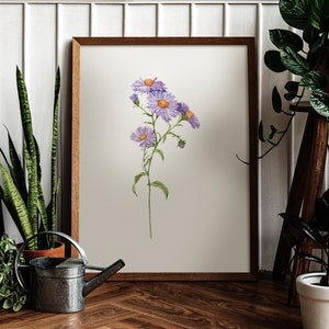 May include: A framed watercolor painting of a single stem of purple and yellow wildflowers with a white background.
