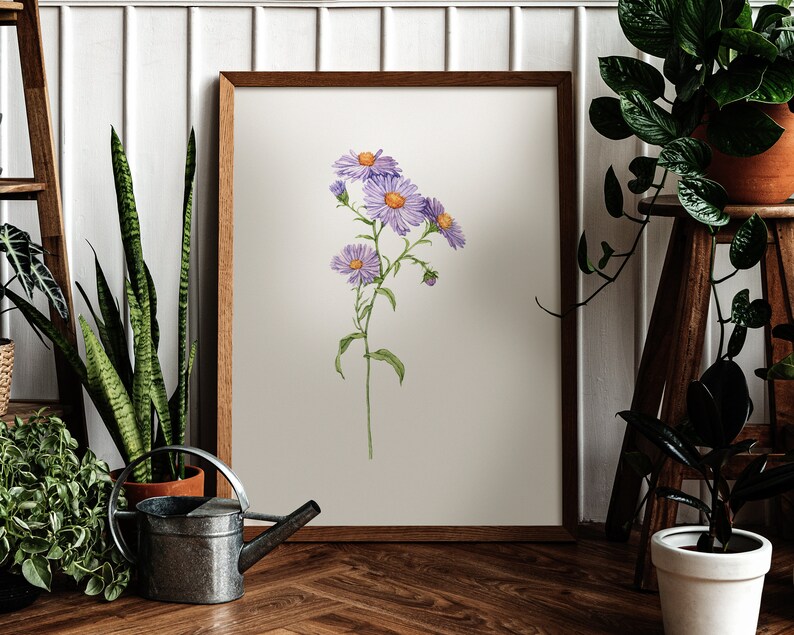 May include: A framed watercolor painting of a single stem of purple and yellow wildflowers with a white background.