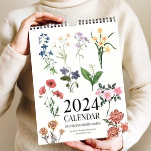 2024 Illustrated Calendar, Floral Wall Calendar, Botanical Art Calendar - Watercolor Birth Flowers. 12 Month Artist Calendar. Office gift