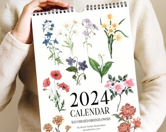 2024 Illustrated Calendar, Floral Wall Calendar, Botanical Art Calendar - Watercolor Birth Flowers. 12 Month Artist Calendar. Office gift