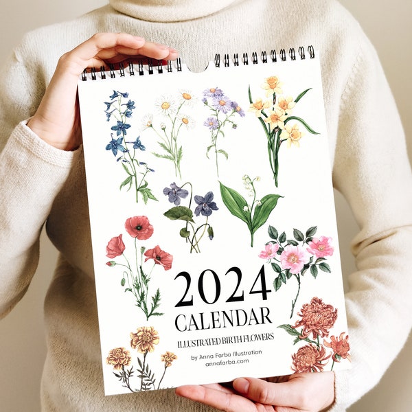 2024 Illustrierter Kalender, Floraler Wandkalender, Botanischer Kunstkalender - Aquarell Geburtsblumen. 12 Monate Künstlerkalender. Bürogeschenk