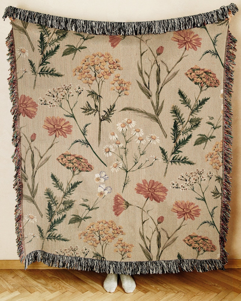 Healing Garden Woven Blanket-Beneficial Plants Throw. Get Well Gift. Herbalist Gifts
