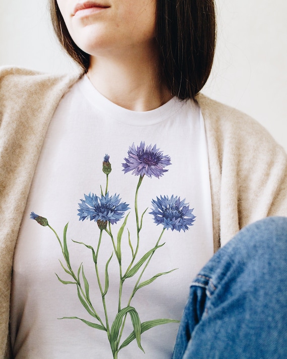 Cornflower Shirt: Blue Flower Botanical Tee. Spring Clothing