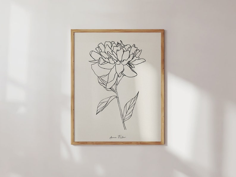 Peony print. September Birth Flower print. Minimalist floral line drawing image 1