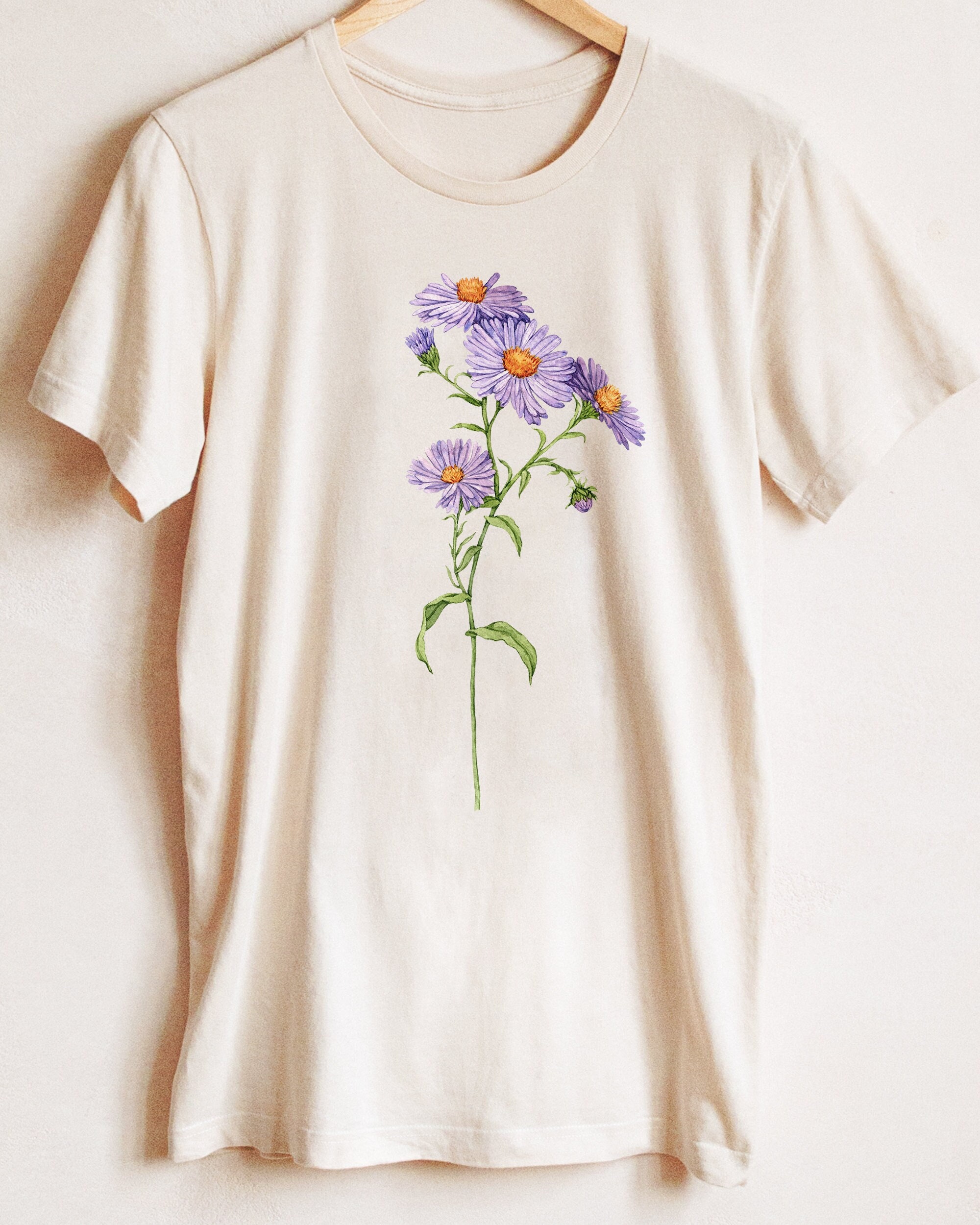 Aster September Birth Flower T-shirt: Watercolor Botanical Art