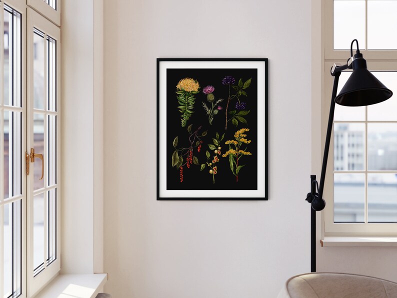 May include: A black and white botanical illustration featuring various flowers and plants, including a yellow flower with green leaves, a purple flower with green leaves, a red berry branch, and a yellow flower with green leaves. The illustration is framed in a black frame.