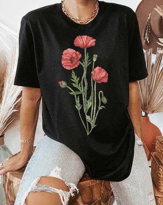 Red Poppy Shirt: August Birth Flower, Watercolor Botanical Tee